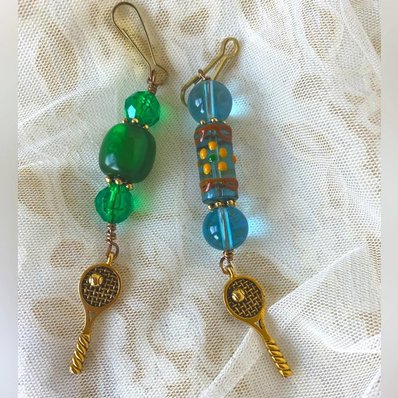 Set of TWO Antique Beaded Mobile Phone Miniature Sports Tennis Bat charms - Picture 1 of 5